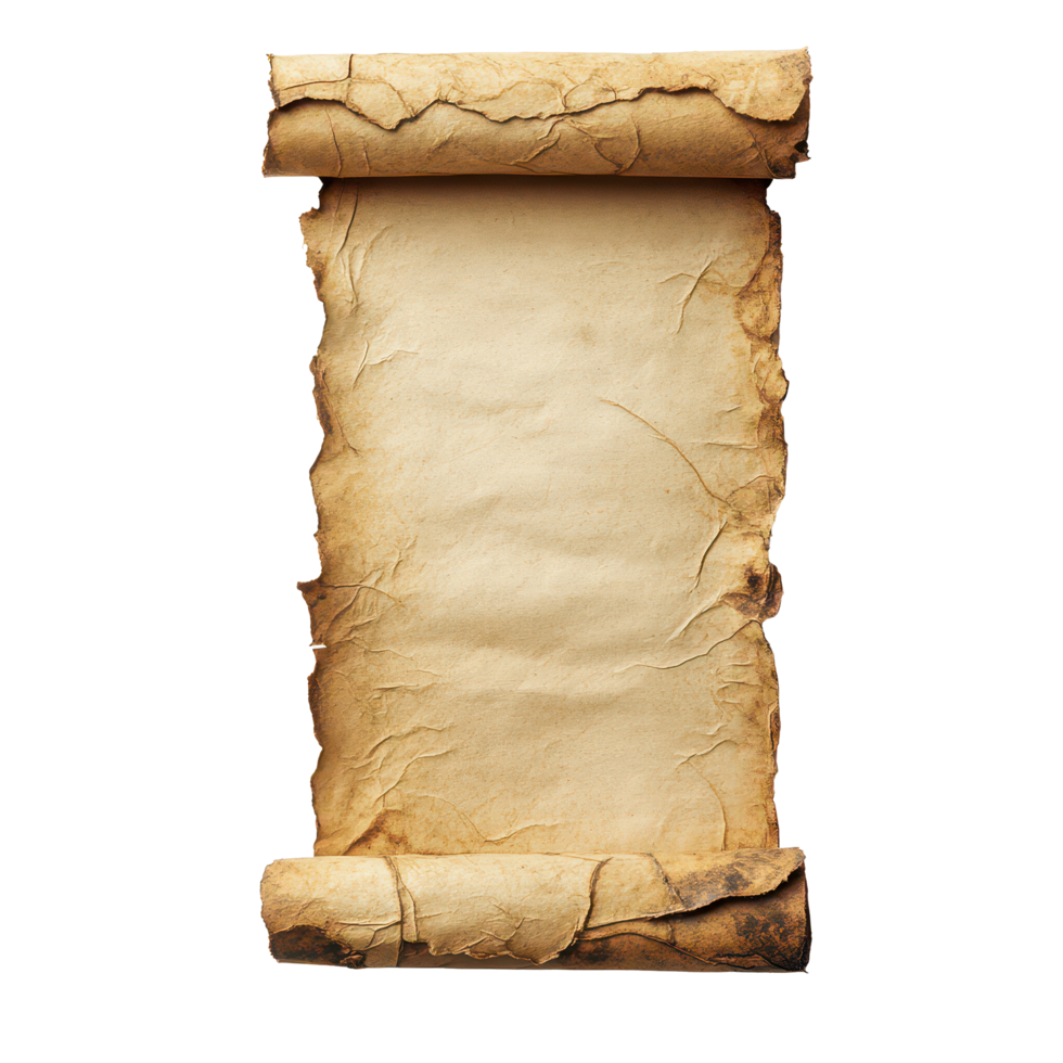 Aged paper scroll on a transparent background showcasing its historical and artistic features, Aged Worn Paper Scroll, transparent background. png
