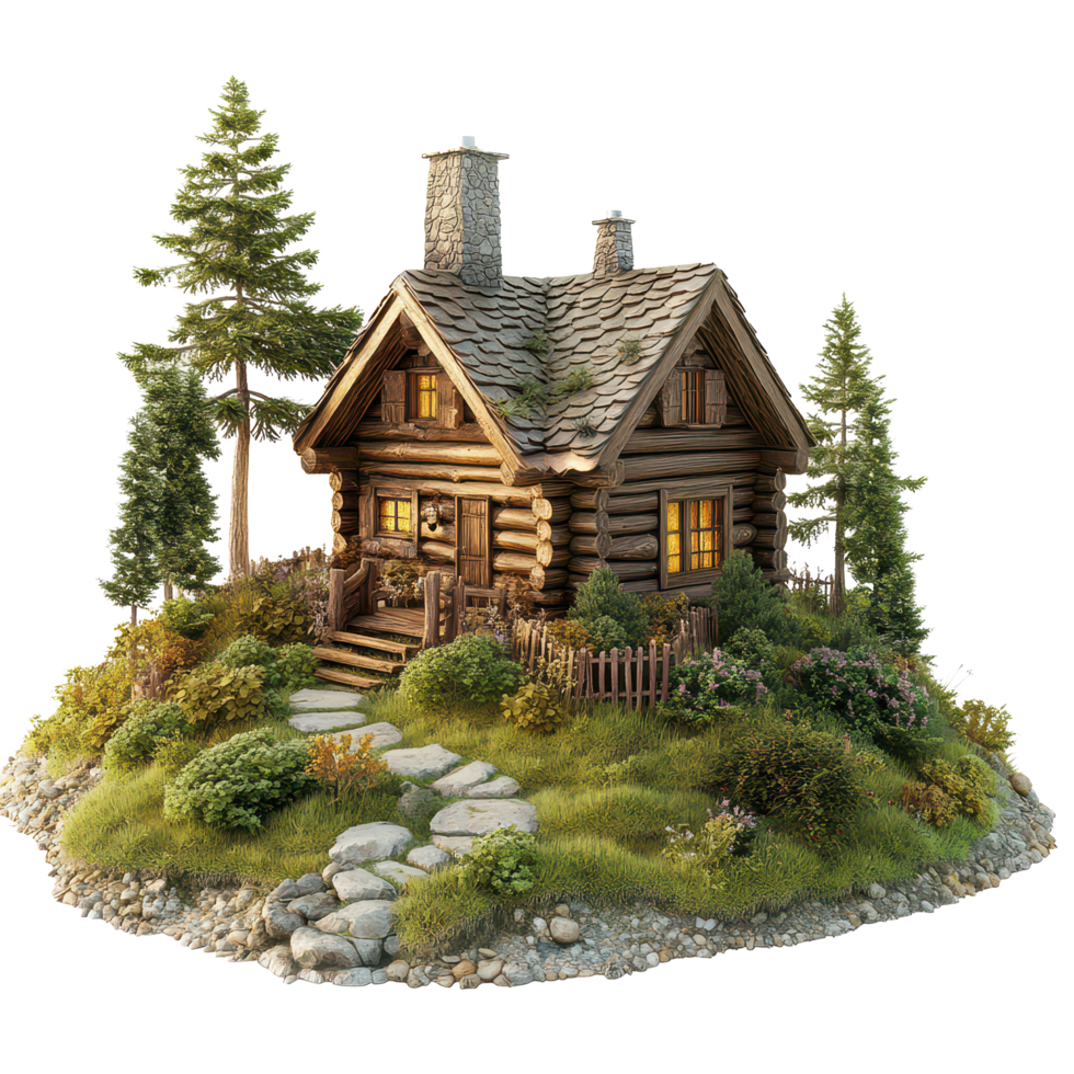 Charming rustic log cabin surrounded by lush greenery and pine trees in a serene natural setting, 3D Rustic Log Cabins Surrounded by Nature on transparent background png