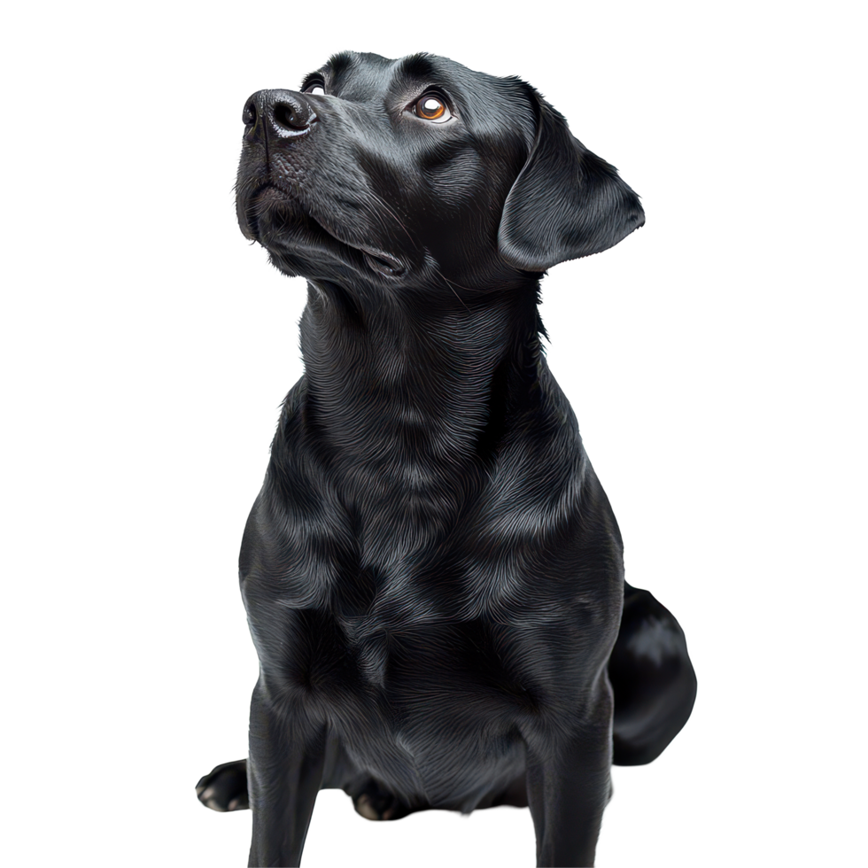 A black dog sitting majestically against a bright transparent background showcasing its elegance and curiosity, black dogisolated on transparent background png