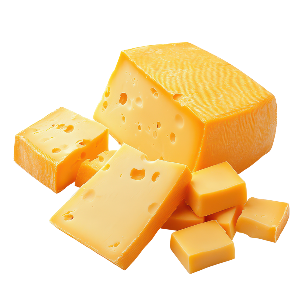 Freshly cut bar of cheddar cheese with sliced pieces isolated on a clean transparent background, Bar Cheddar Cheese and Slices isolated on transparent background png