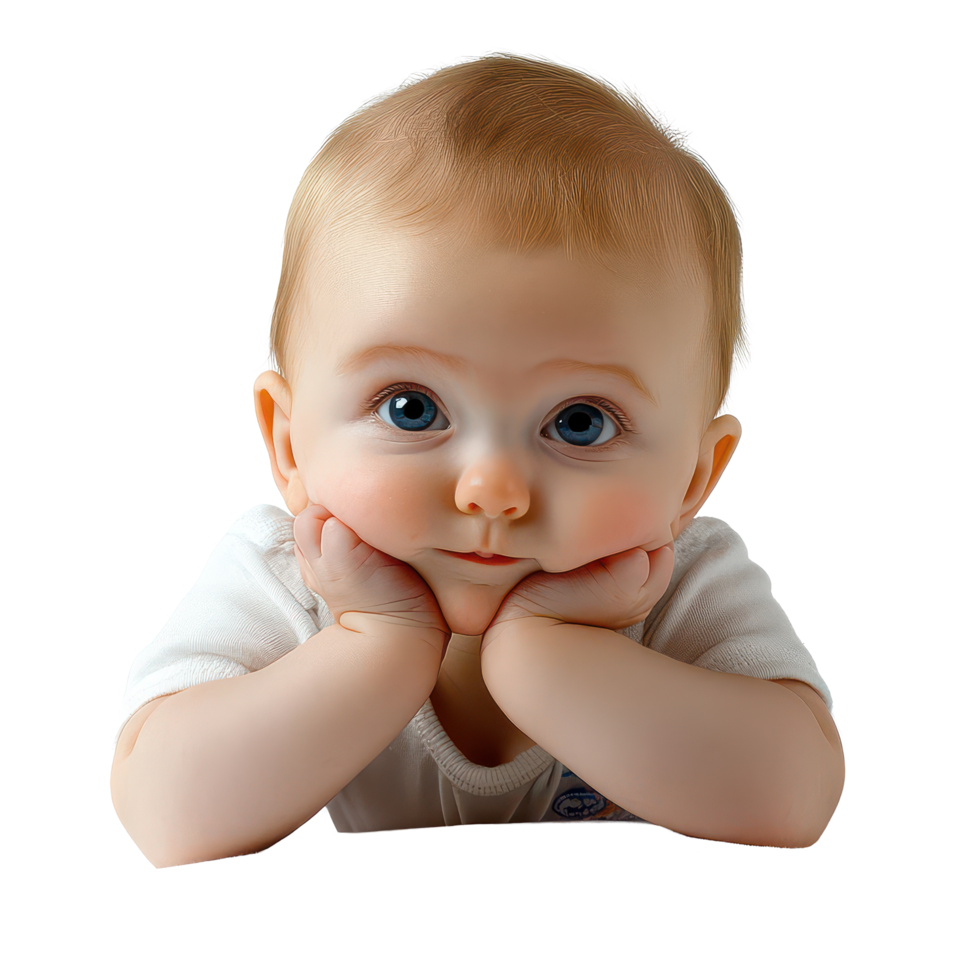 A cute baby boy resting his chin on his hands, looking curiously at the viewer on a transparent background, Baby child cute newborn toddler infant baby boy, transparent background. png