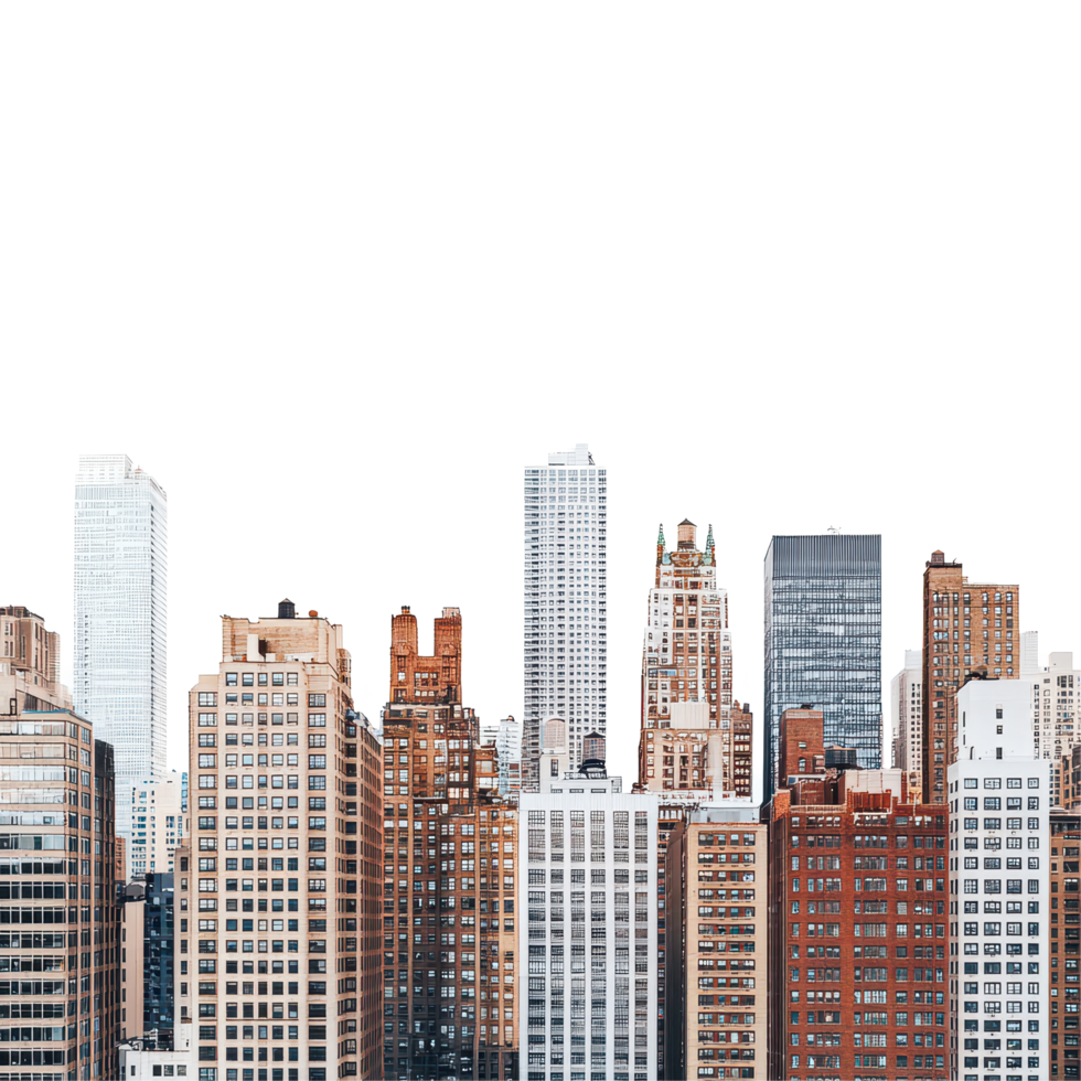A panoramic view of a vibrant city skyline showcasing diverse architectural styles and towering buildings at dusk, a city skyline with tall buildings in close proximity, transparent background. png