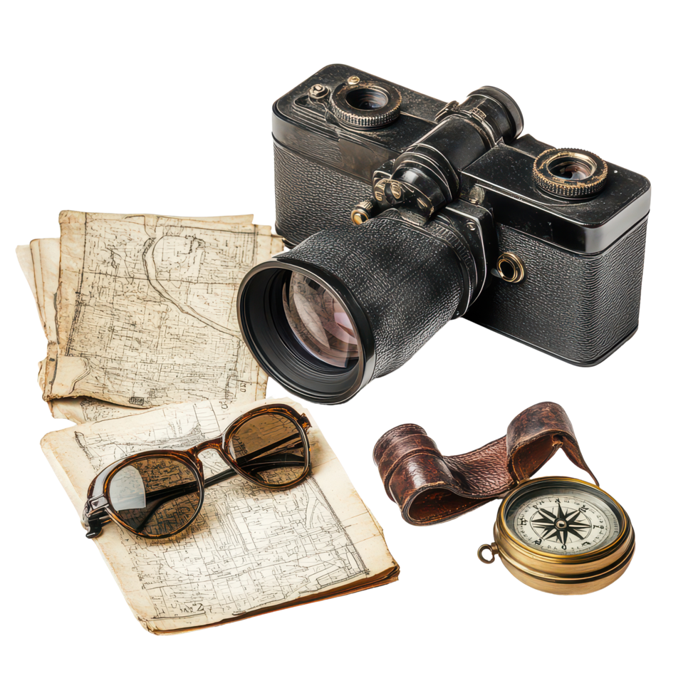 Exploring the past with binoculars, a detective hat, old maps, and a compass at a cozy study, Black binoculars, Sherlock Holmes hat, Camera and Compass Isolated on transparent background png