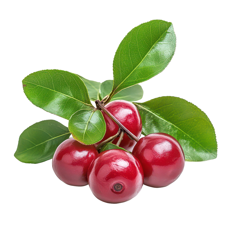 Fresh Barbados cherry with vibrant red fruits and lush green leaves on a transparent background, Barbados cherry, Malpighia emarginata, Family Malpighiaceae isolated on transparent background png