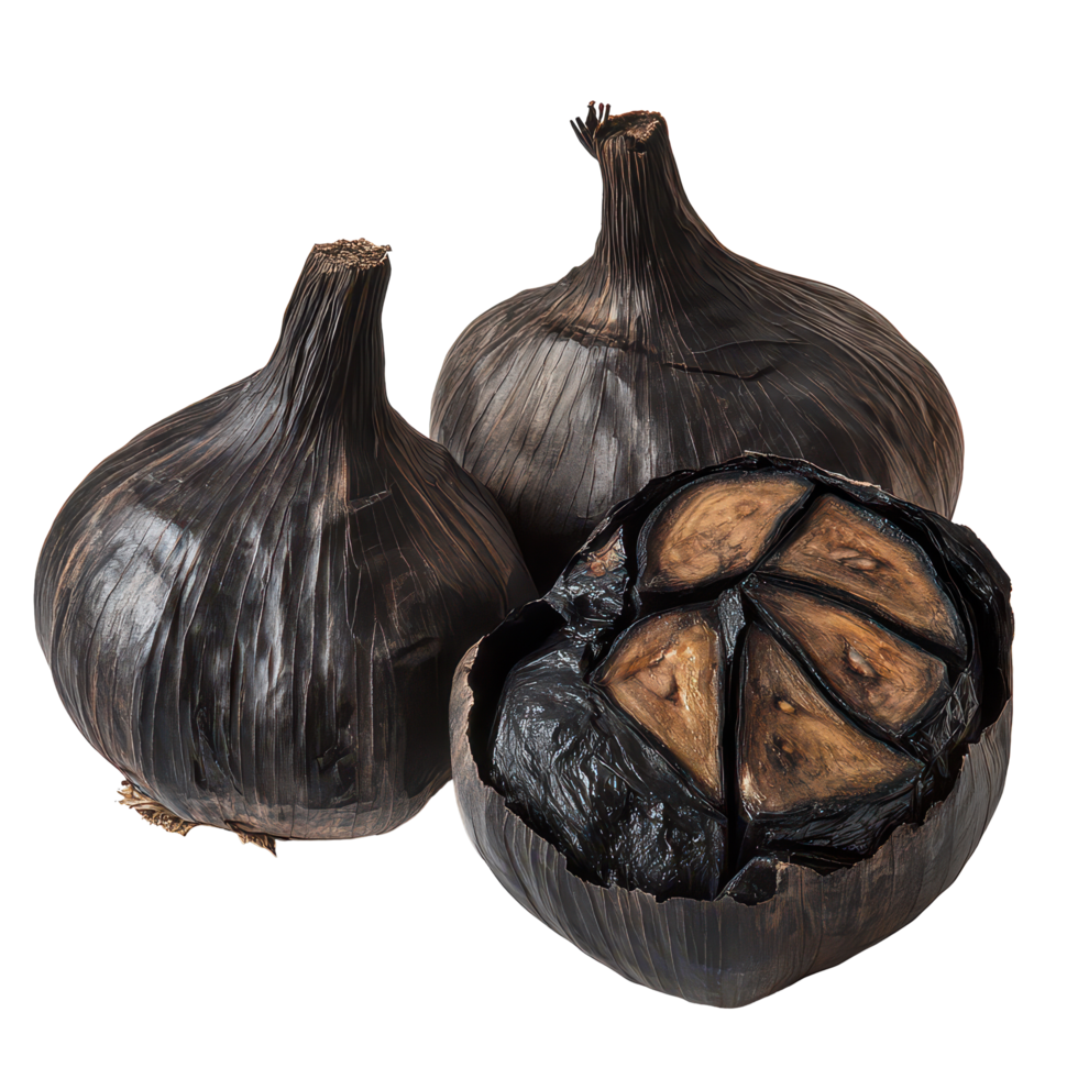 Black garlic displayed against a clean transparent background highlighting its distinct texture and color, Black garlic on transparent background png