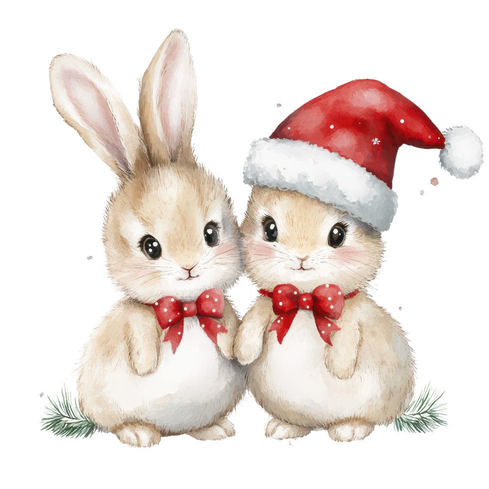 Adorable bunny couple wearing Christmas hats and bows surrounded by snowy background in festive cheer, Adorable Bunny Couple with Christmas Hat on transparent background png
