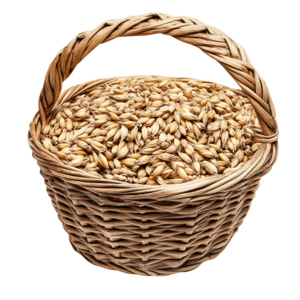 Barley grains in a wicker basket isolated on a transparent background showcasing their natural golden color, Barley Grains in the basketisolated on transparent background png