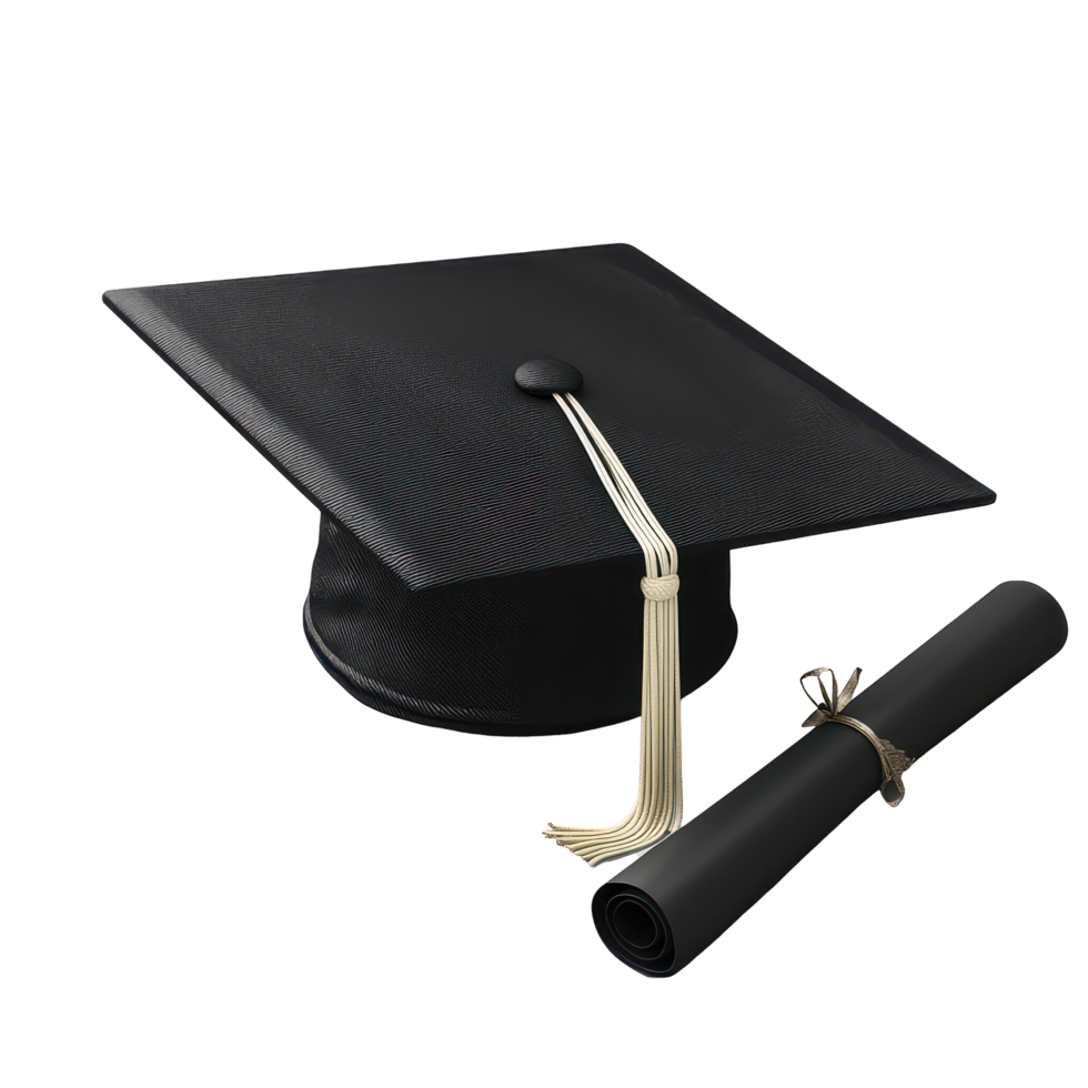 Black graduation cap and rolled diploma on transparent background, symbolizing academic achievement and success, Black Graduation Cap with Degree Isolated on transparent background png