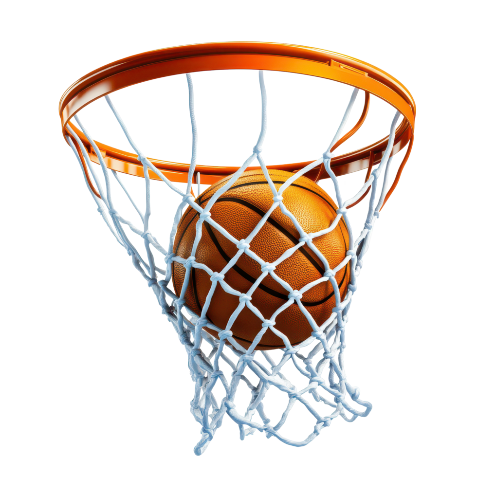 A basketball swooshes through the net during a competitive game on the court, basketball going through the net with a ball in the basket, transparent background. png
