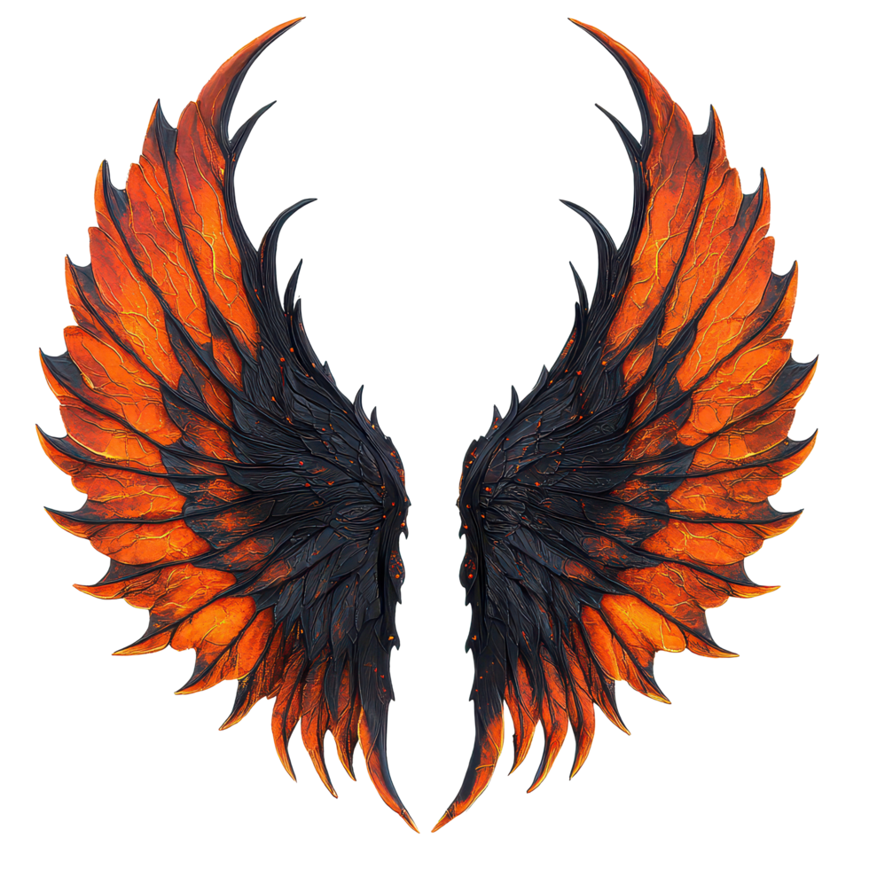 Vibrant black and orange demon wings isolated on a clean transparent background for artistic and creative design, Black and Orange Demon Wings Isolated on transparent background png