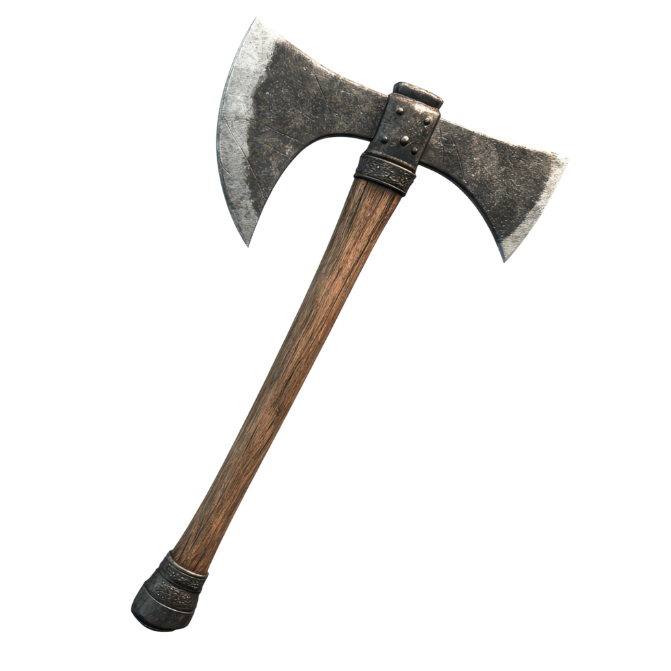 Axe with a wooden handle and metal blade isolated on a transparent background, perfect for hunting or outdoor activities, axe isolated transparent background backgrond transparent background png