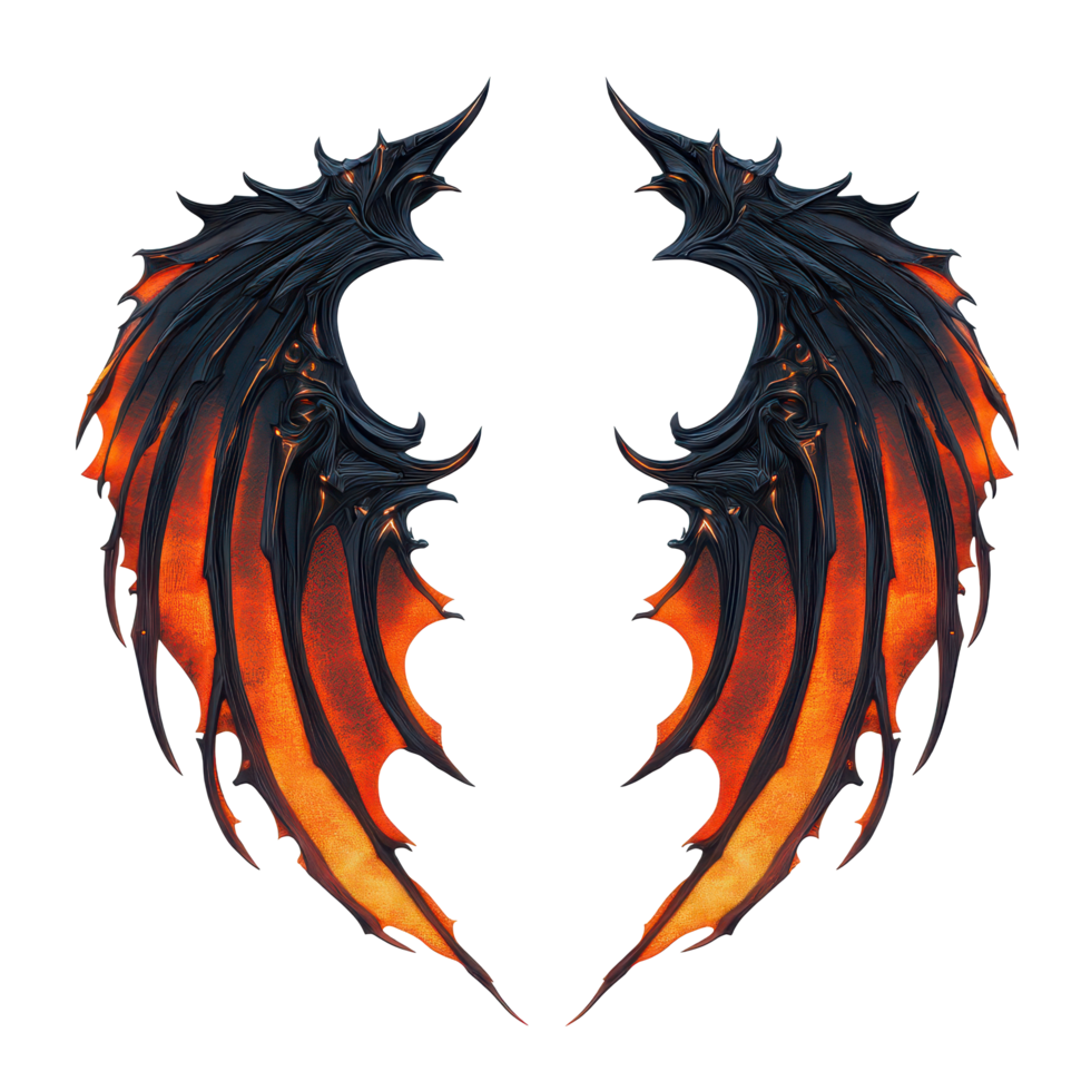 Black and orange demon wings displayed on a clean transparent background for artistic or creative use, Black and Orange Demon Wings Isolated on transparent background png