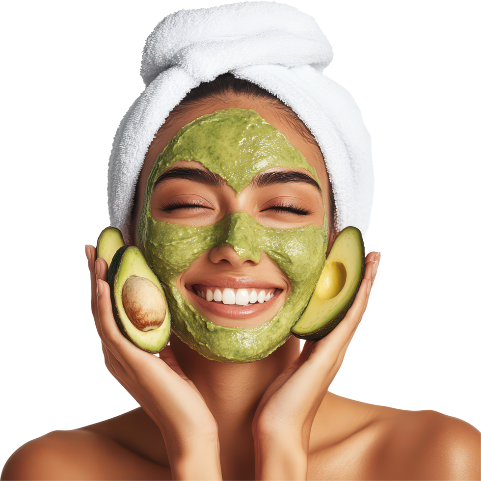 Happy woman enjoying a skincare routine with avocado mask in a bright studio setting, Beauty Skincare and Happy Woman in Studio with Avocado Face Mask on transparent background png