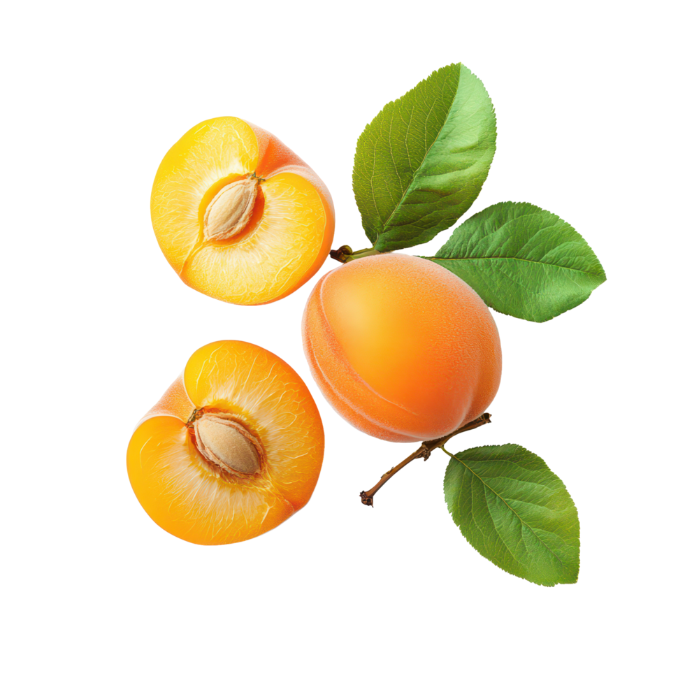 Fresh apricots isolated on a transparent background showcasing their vibrant color and natural beauty, apricotisolated on transparent background png