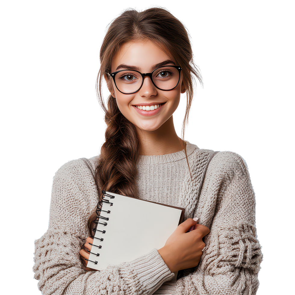 A happy girl with braided hair and glasses holds a blank notebook close to her chest, showcasing her friendly smile, Beautiful smile girl student with a notebook, transparent background. png