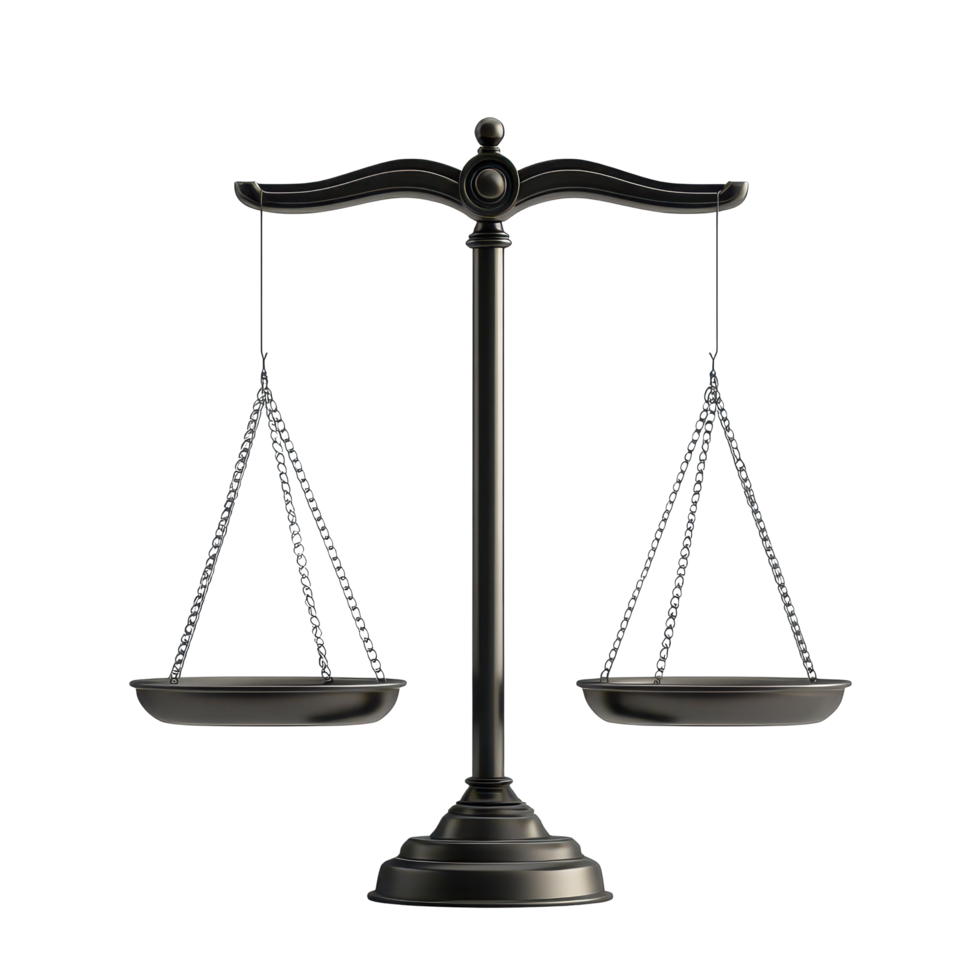 Classic balance scales on a transparent background symbolizing justice and equality in law and daily life, Balance Scales on transparent background png