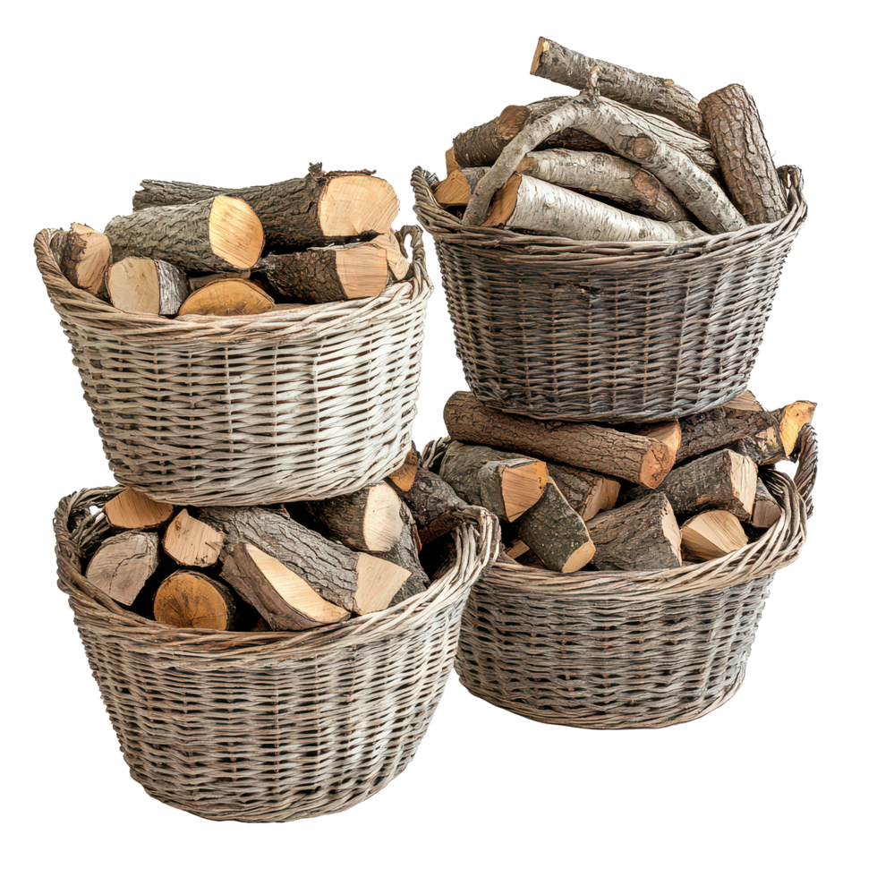 Assorted firewood neatly stacked in wicker baskets arranged on a transparent background for decorative purposes, Assorted Firewood in Wicker Baskets on transparent background png