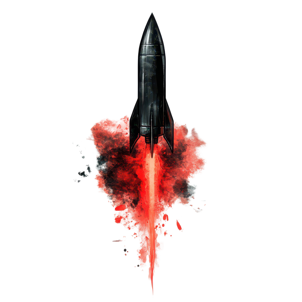 Black rocket launches with a fiery red tail and billowing smoke against a transparent background, black rocket with a red tail and smoke coming out it, transparent background. png