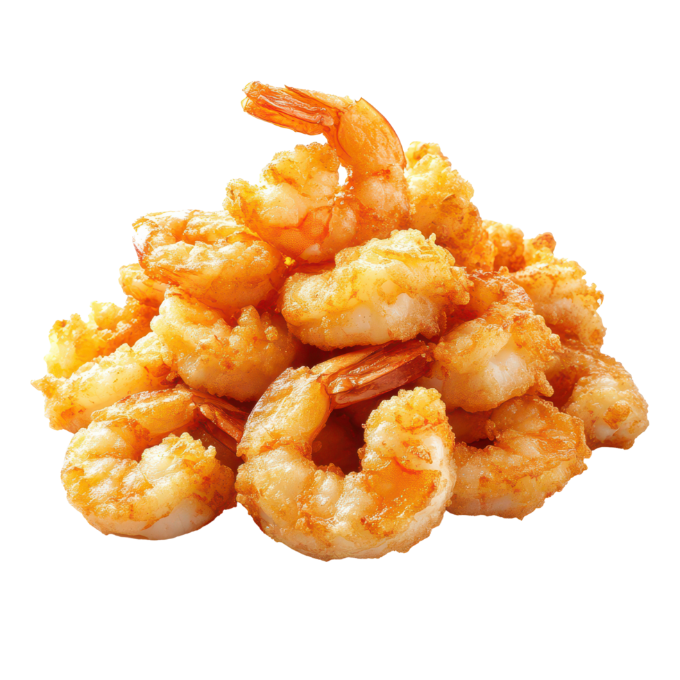 A mouthwatering pile of golden fried shrimp served on a clean transparent background, A delicious pile fried shrimp on a clean transparent background png