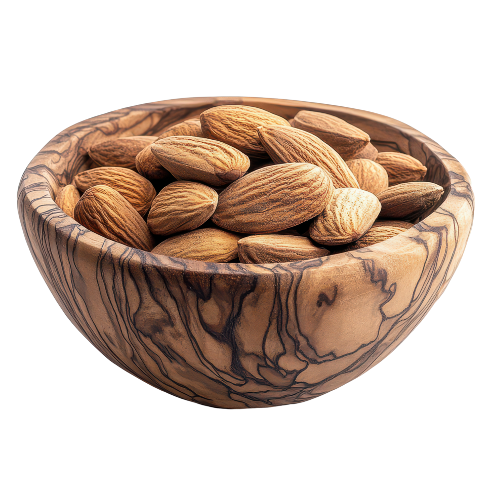 Freshly harvested almonds displayed in a wooden bowl, isolated against a transparent background for a natural look, almonds in wood bowlisolated on transparent background png