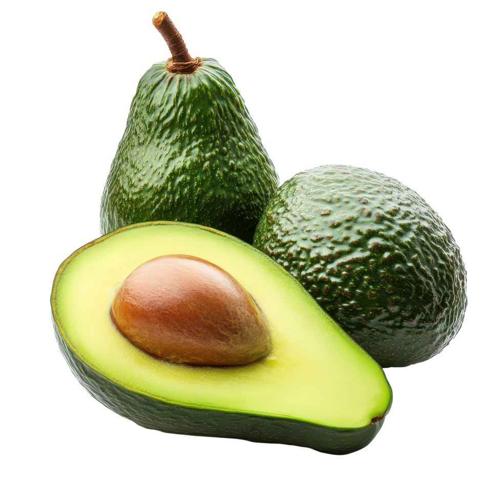 Fresh and ripe avocados arranged on a transparent background showcasing their vibrant green flesh and smooth texture, avocado isolated on transparent background png