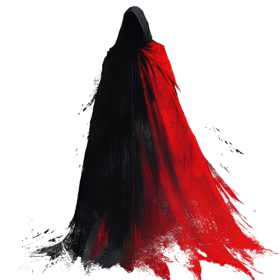 A mysterious black cloaked figure with a dramatic red cape stands against a stark transparent background, capturing attention, black cloaked figure with a red cape, transparent background. png