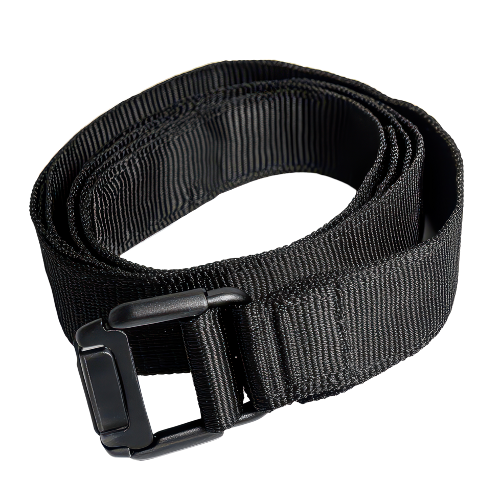 Durable black nylon fastening belt featuring a sturdy buckle on a clean transparent background, Black nylon fastening belt isolated on transparent background png