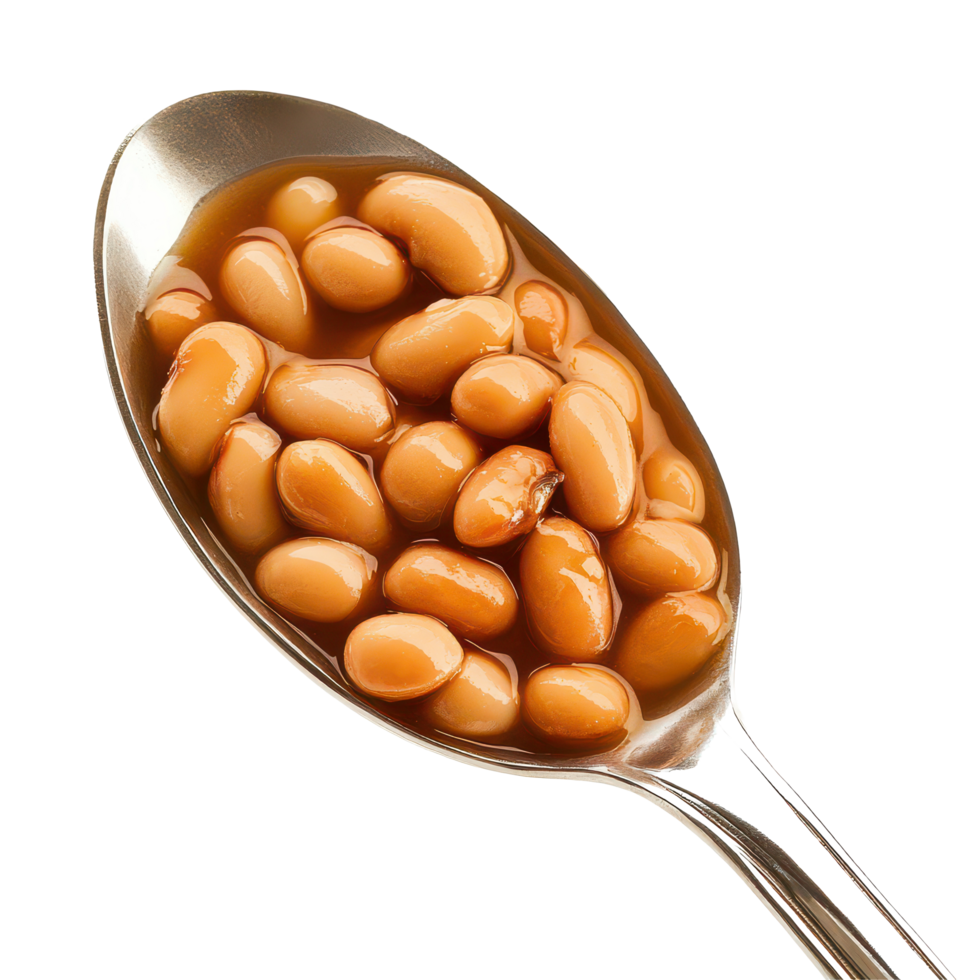 Baked beans on a silver spoon isolated against a clean transparent background ready for serving or eating, Mung beans in wood spoon isolated on transparent background png