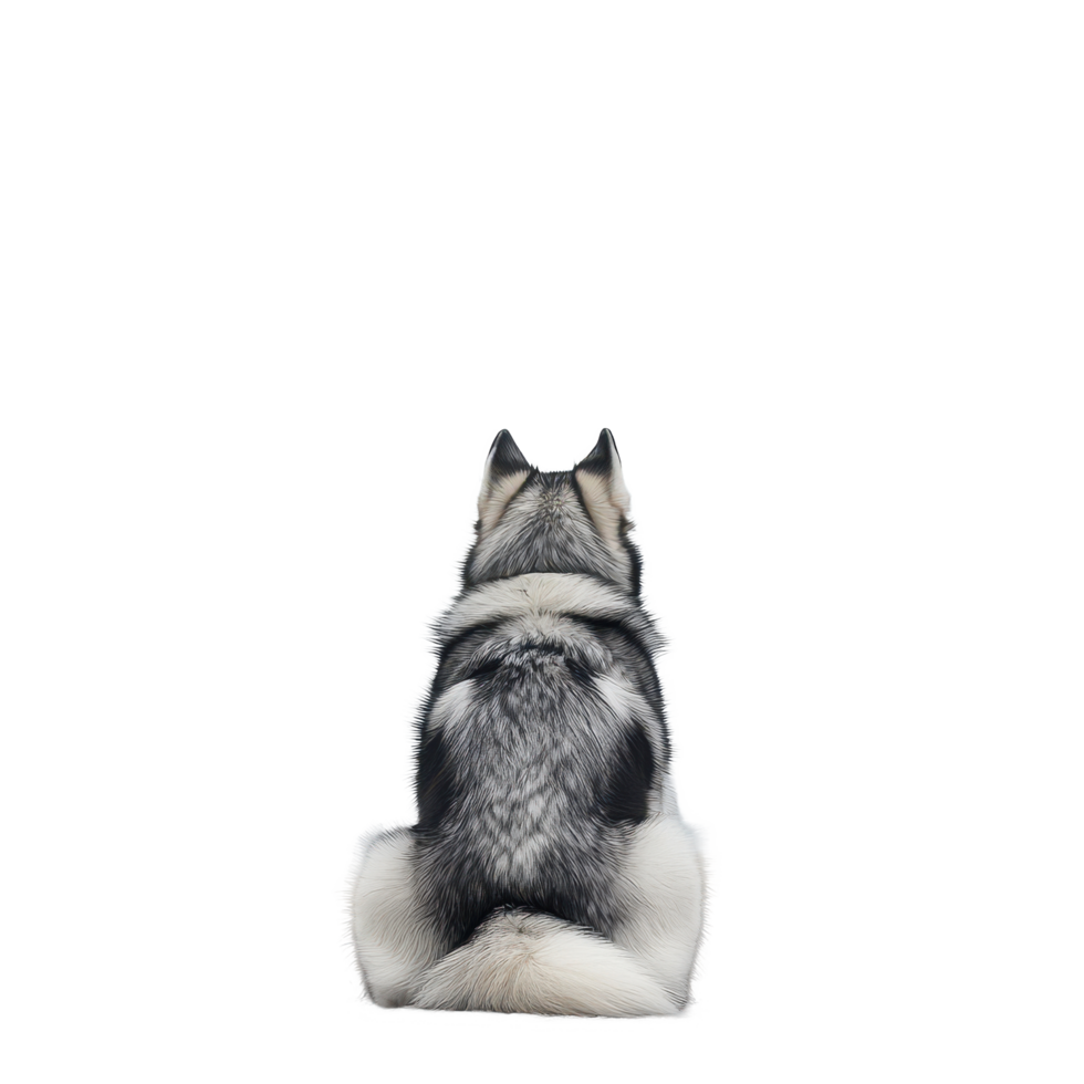 A husky dog patiently sits by the water's edge, gazing at the distant landscape on a cloudy day, Back view husky dog sitting and looking something png