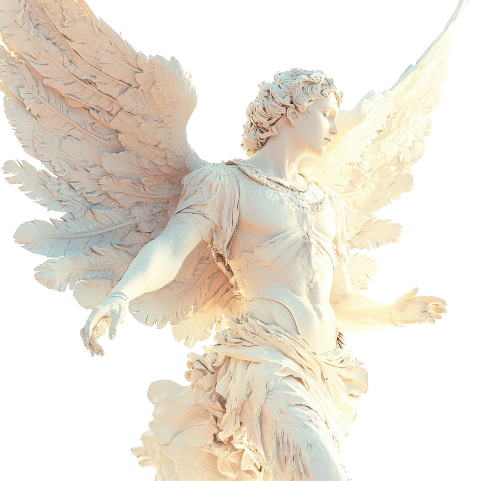 A serene angel sculpture with flowing wings and graceful pose against a soft gradient background showcases divine beauty, a angel poster, gradients, sketchfab, transparent background. png