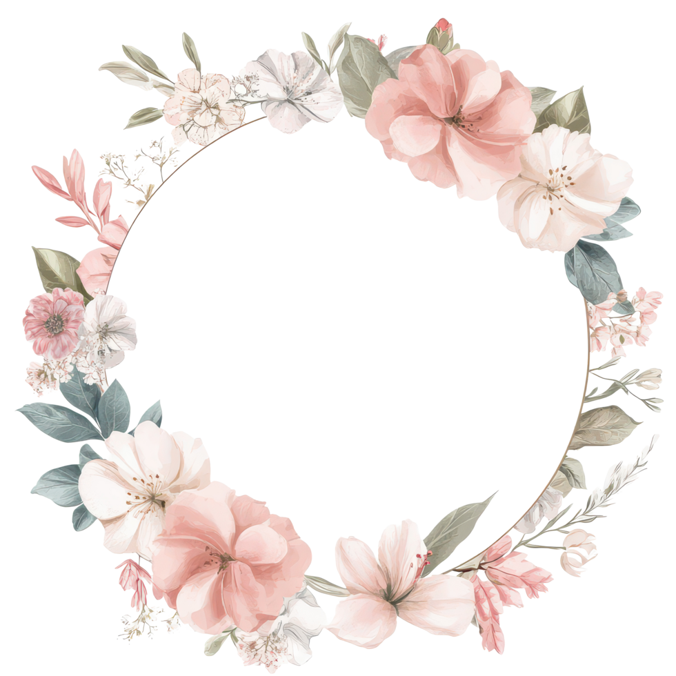 Soft floral wedding circle frame with hues for invitations, decor, and celebrations, A wedding circle frame in soft hues, perfect for showcasing cherished moments isolated, transparent background. png
