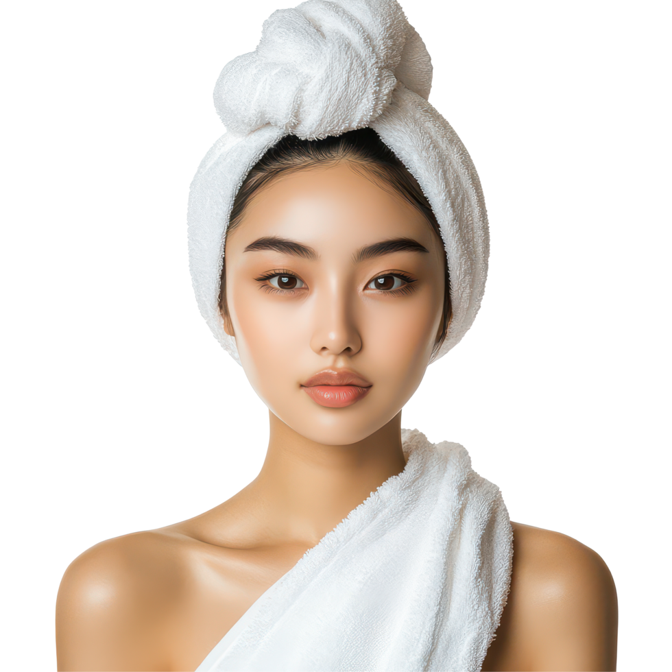 A serene Asian woman at a spa, enjoying a relaxing moment with a towel wrapped, Asian Woman with Towel Wrapped Around Head, Spa and Skincare Concept Isolated on transparent background png
