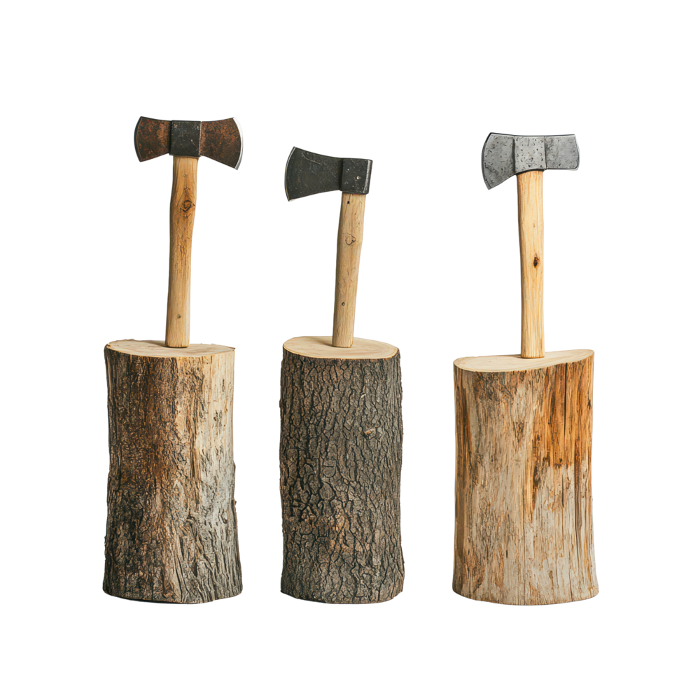 Axes resting on wooden stumps arranged neatly on a transparent background for a clean, rustic display, Axes on Wood Stumps on transparent background png