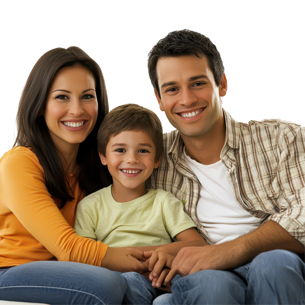 A happy family enjoying a cozy evening while watching television together in their bright living room, Beautiful smiling family watching TV at home, transparent background. png