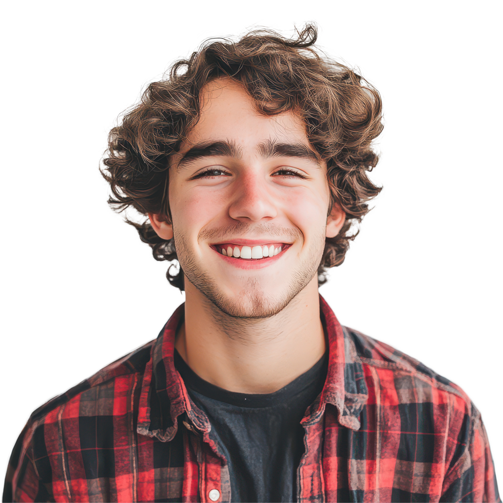 A young man with curly hair smiles brightly while wearing a flannel shirt against, A young man with curly hair and a flannel shirt smiling and looking directly at the camera, transparent background. png