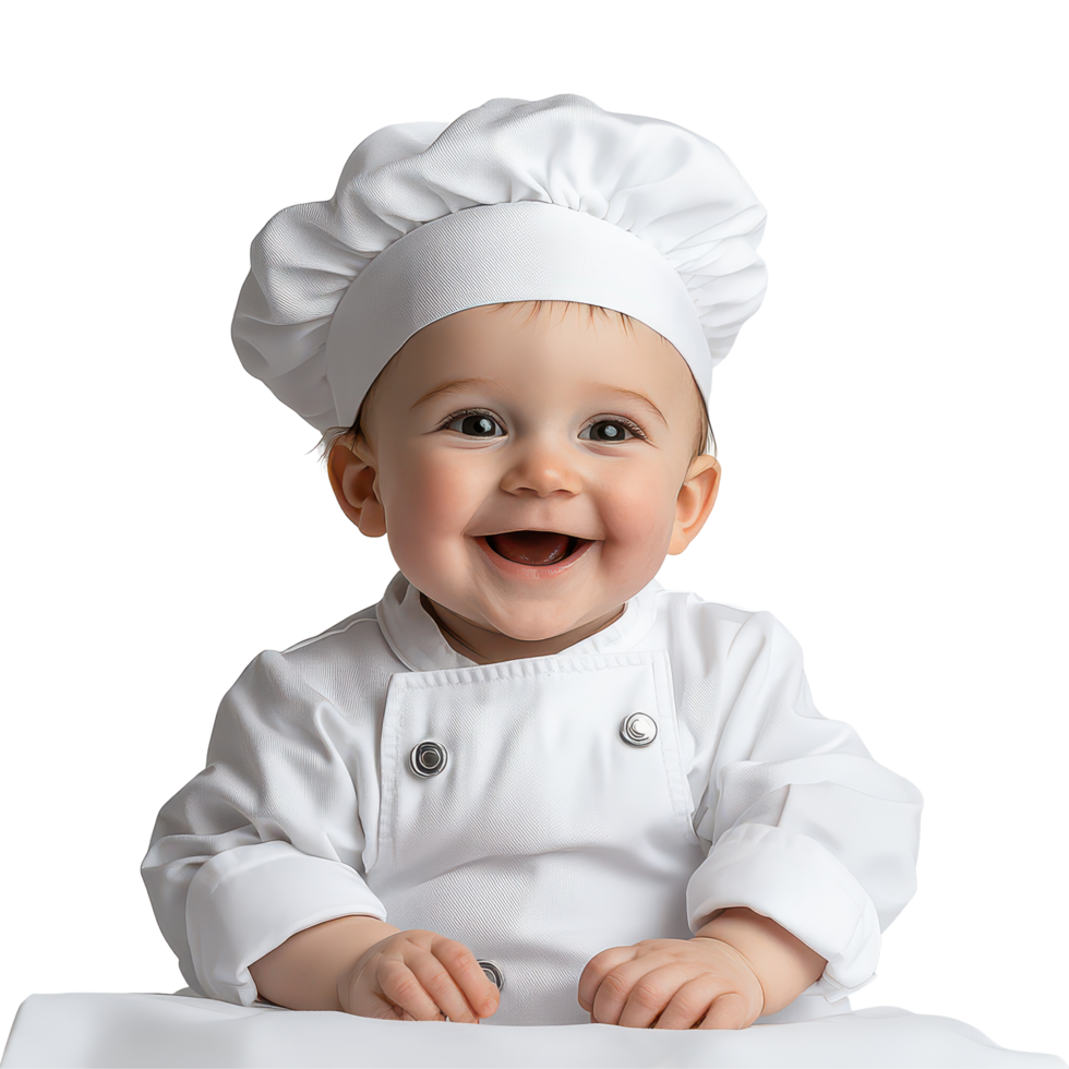 Baby boy wearing a chef's outfit smiles brightly against a transparent background in a playful kitchen setting, Baby Boy in Chef's Outfit on transparent background png