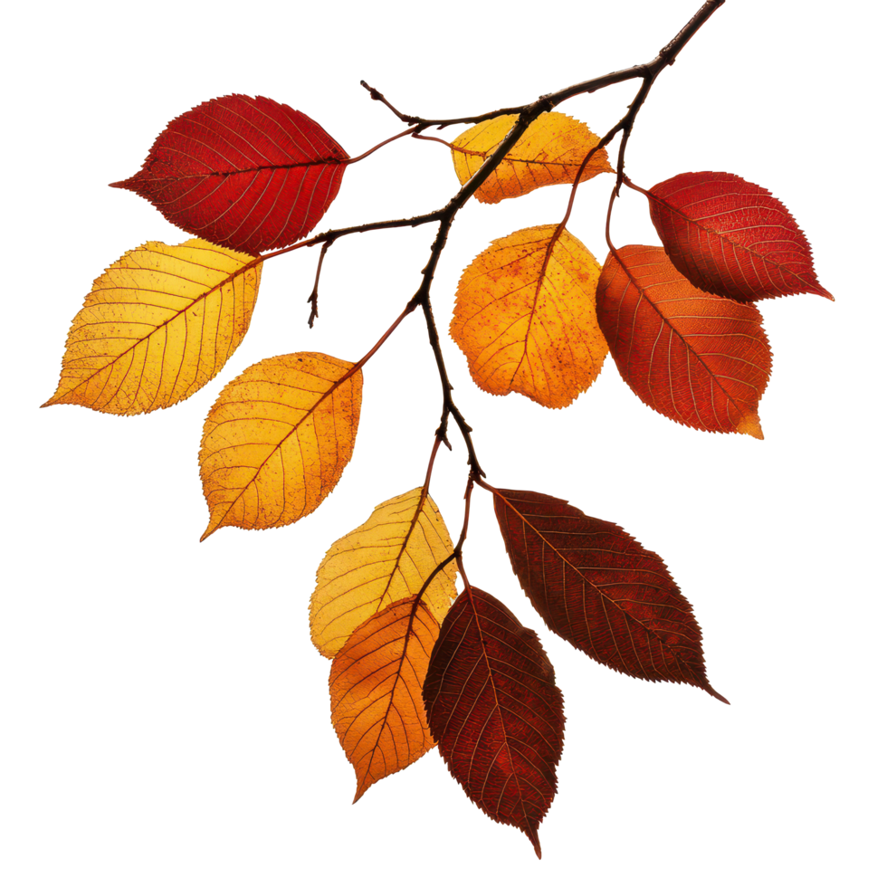 Vibrant autumn leaves in various shades on a branch isolated against a transparent background, Autumn fall leaves on a branch isolated on transparent background png