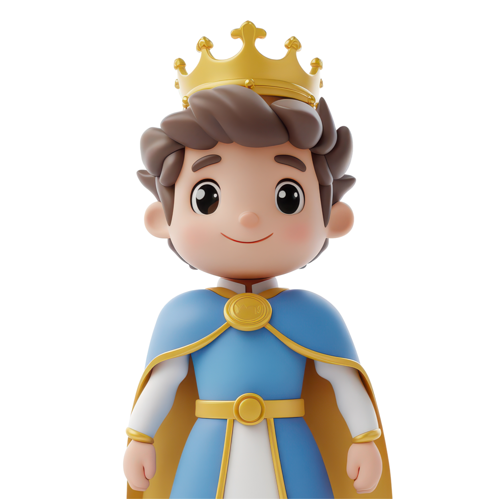 Cartoon prince character in a royal outfit with a crown and cape on a transparent background, 3D Cartoon Prince Characters on transparent background png