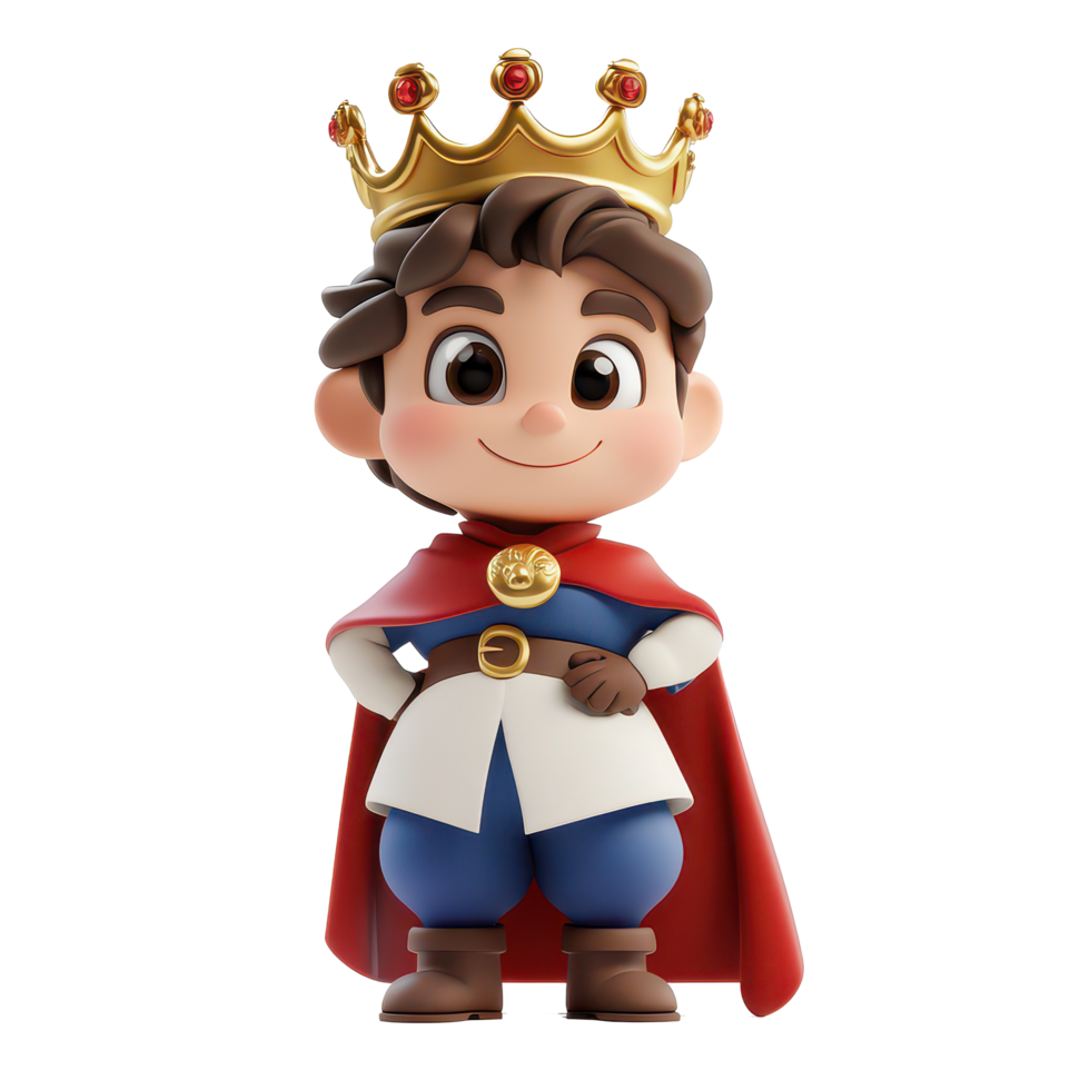 Cartoon prince character standing confidently with a crown and cape against a plain transparent background, 3D Cartoon Prince Characters on transparent background png