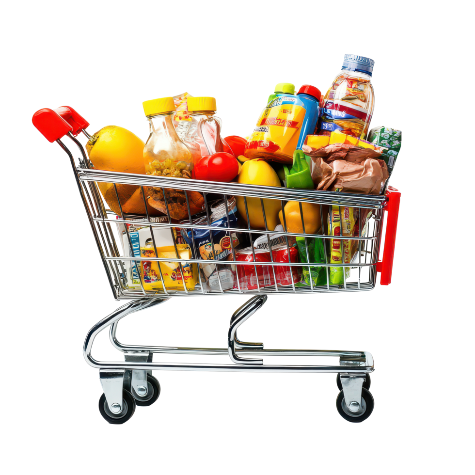 A shopping cart filled with groceries set against a transparent background showcasing essential household items, a full shopping cart, transparent background. png