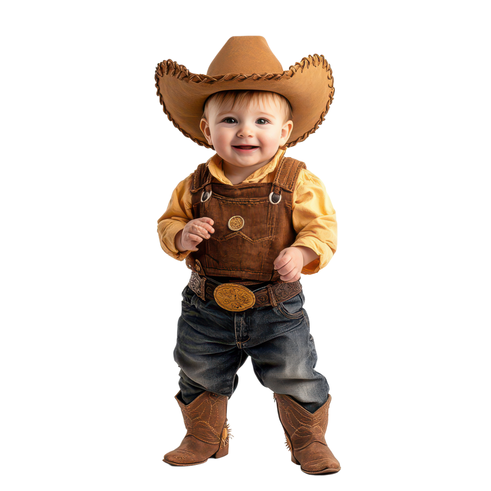 Adorable baby dressed as a cowboy with a big hat and boots posing playfully against a transparent background, Baby kid dressed as cowboy isolated on transparent background png