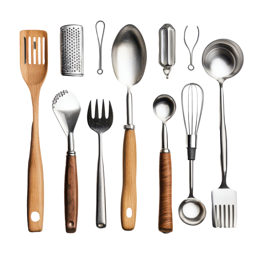 Collection of assorted kitchen utensils on a plain transparent background for culinary enthusiasts and chefs, Assorted kitchen utensils isolated on transparent background png