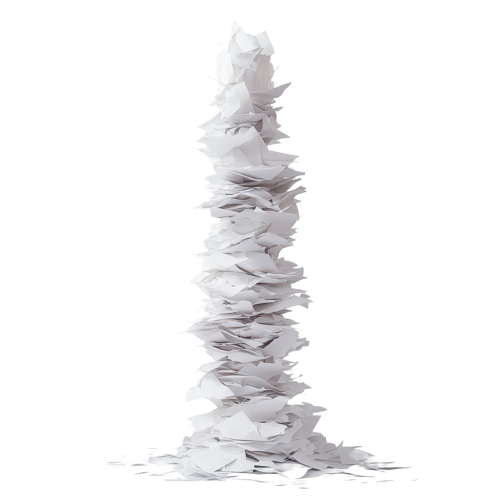 A towering paper structure representing organized chaos in a minimalist setting, A Tower Paper A Visual Metaphor for Organized Chaos, transparent background. png