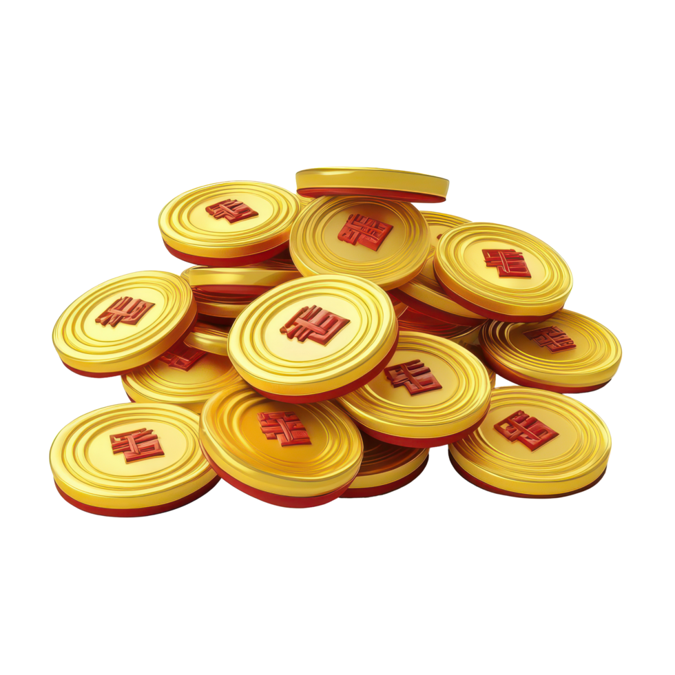 Colorful cartoon style Chinese golden coins stacked on a transparent background representing wealth and prosperity, 3D cartoon style Chinese golden coins transparent background png