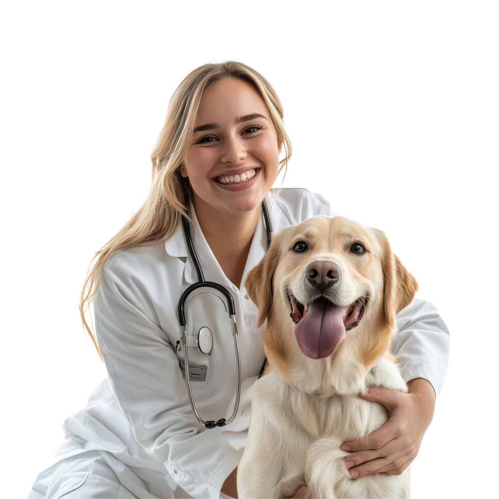 A young veterinarian happily poses with a friendly dog against a clean transparent background, Beautiful young veterinarian with a dog on a transparent background png