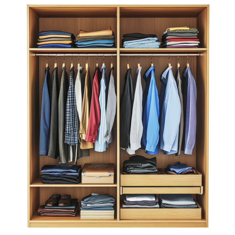 Organized wardrobe displaying neatly hung shirts, folded clothes, and accessories against a transparent background, a wardrobe with clothes and accessories, transparent background. png