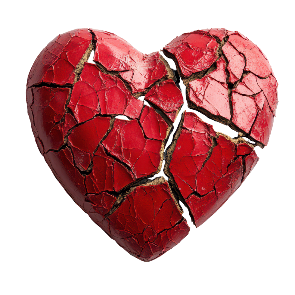 A broken heart with cracks representing deep pain and heartbreak set against a plain background, A broken heart symbolizing pain and heartbreak, transparent background. png