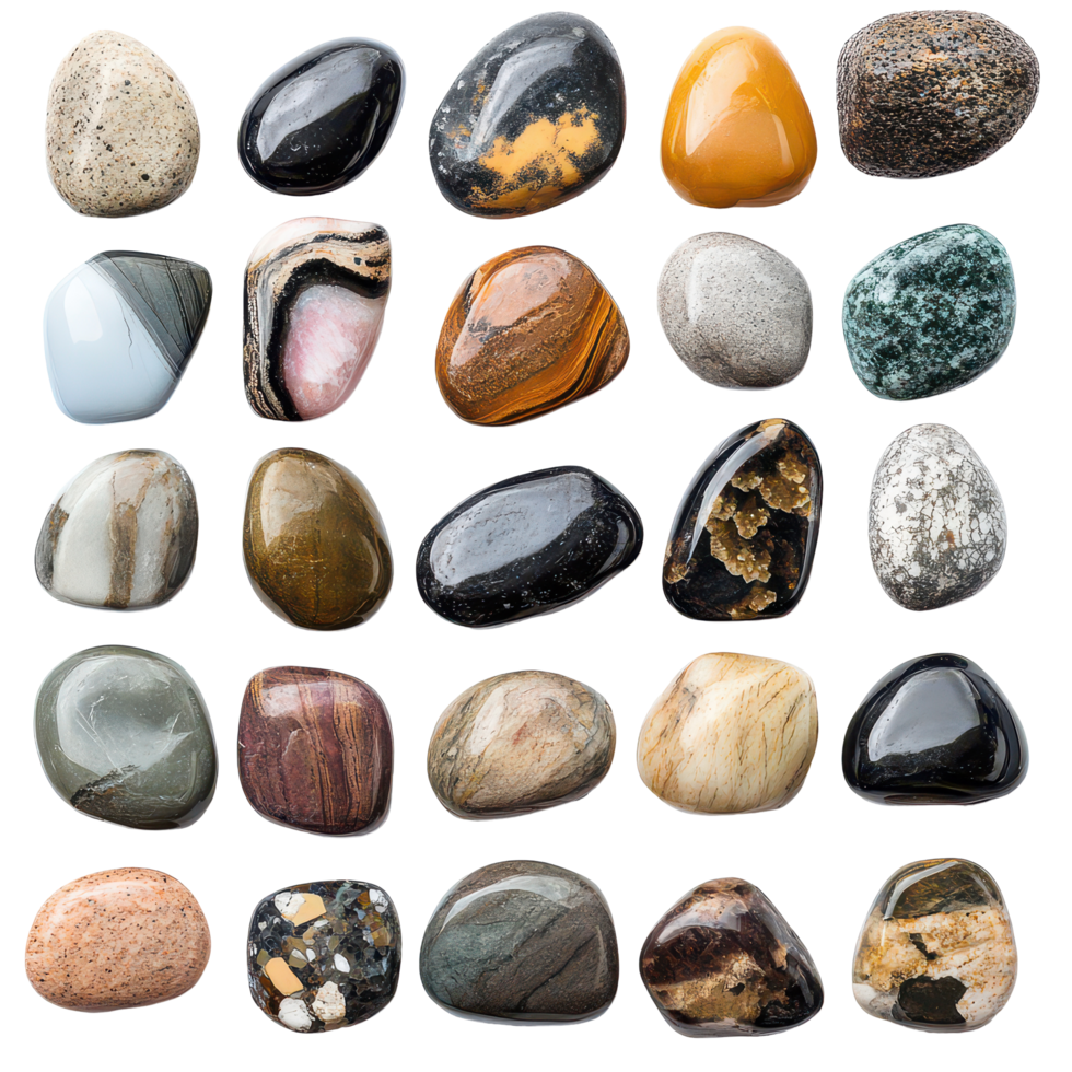 Assorted natural stones and pebbles showcased in a vibrant arrangement on a transparent background, Assorted Natural Stones and Pebbles Isolated png
