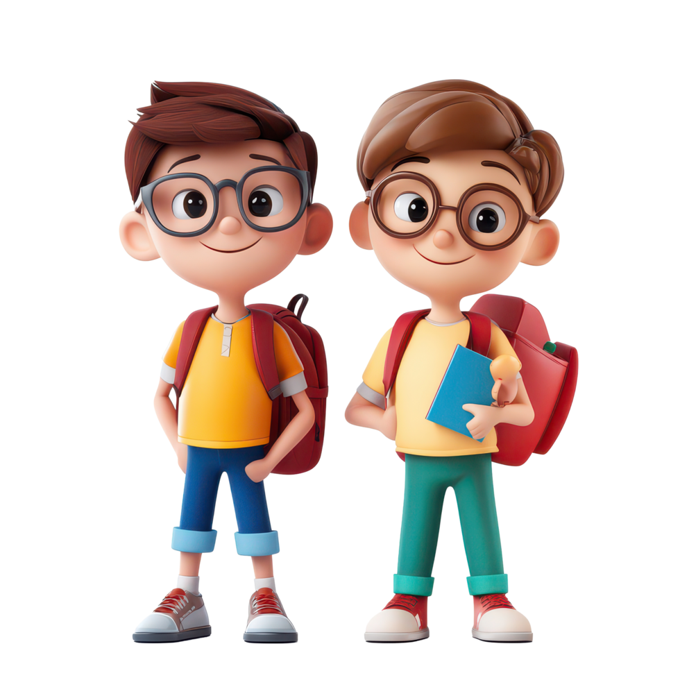Cute cartoon student boys standing together, ready for school with backpacks and books in a bright, 3D Cartoon Character Cute Student Boys, Isolated transparent background png