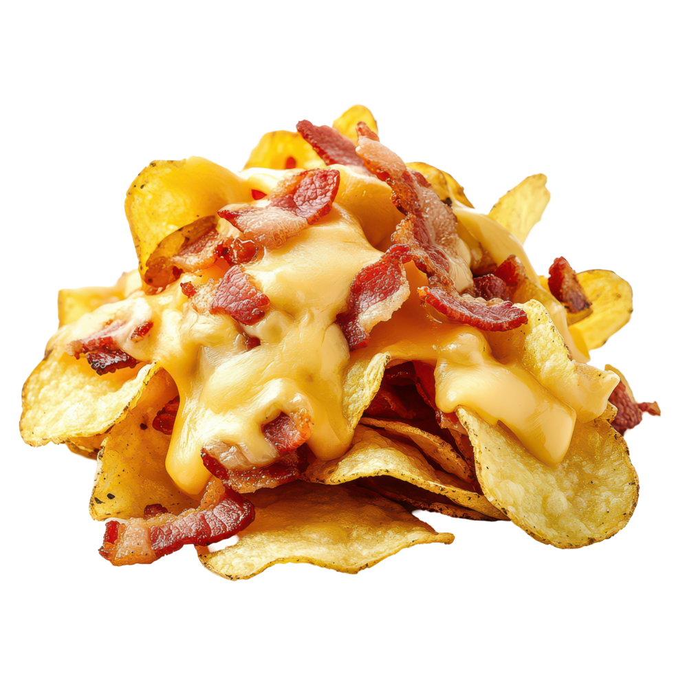 Delicious cheesy bacon potato chips topped with savory bits, perfect for snacking at any time of the day, a serving potato chips with cheese and bacon, transparent background. png